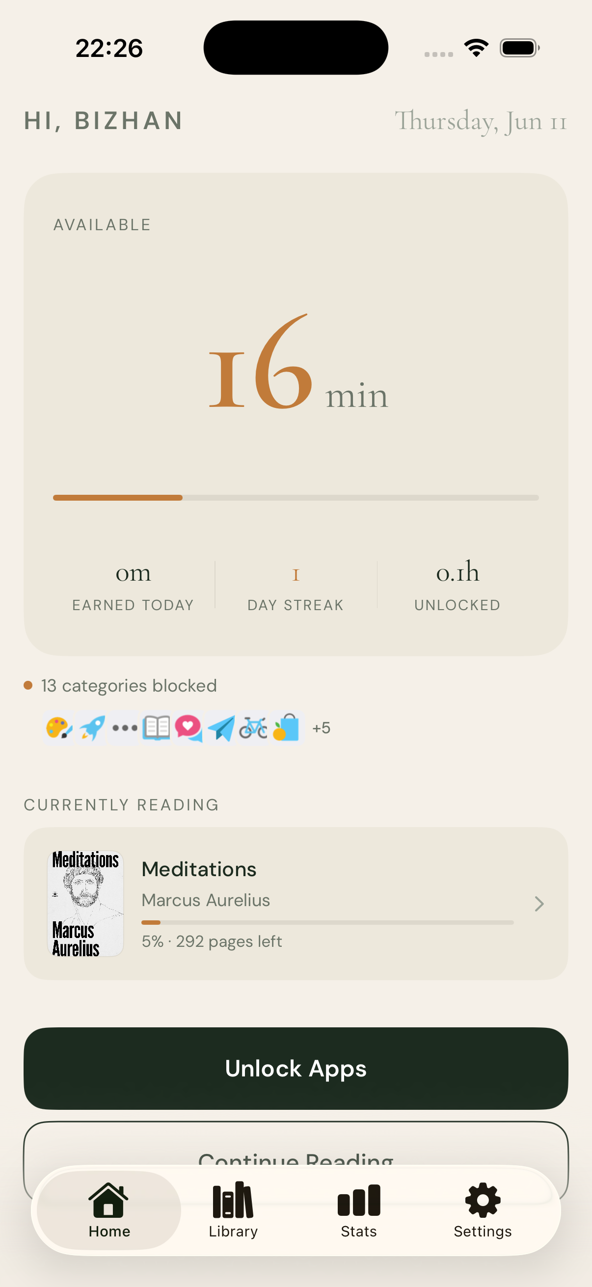 Monkly home screen showing 16 minutes available to spend, a 1-day reading streak, 13 app categories blocked, and an Unlock Apps button.