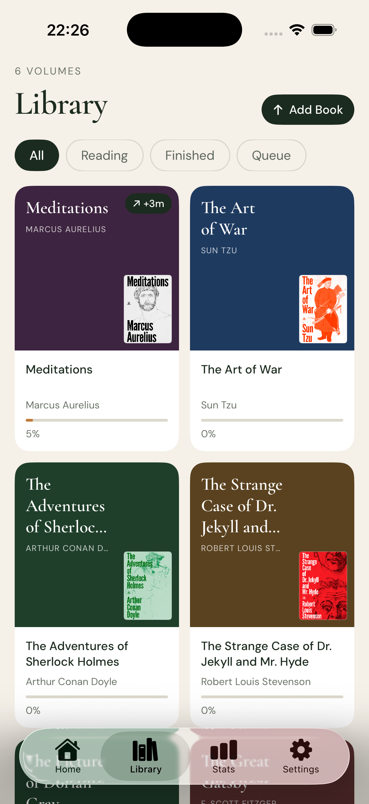 Monkly library with six book covers including Meditations, The Art of War, Sherlock Holmes, and Jekyll and Hyde, each showing reading progress.