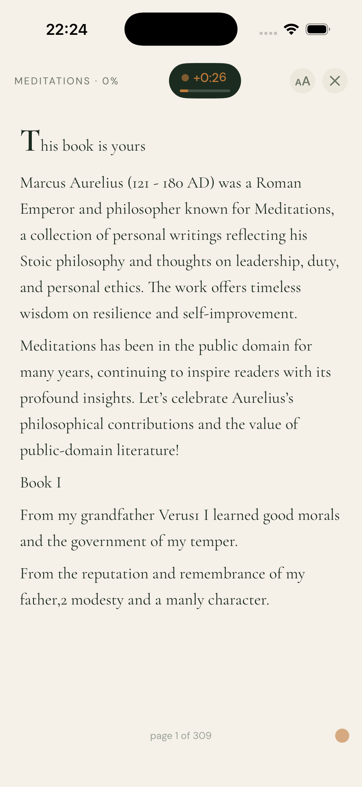 Monkly's reader showing Meditations by Marcus Aurelius, with a live earn meter reading plus zero minutes twenty-six seconds at the top.